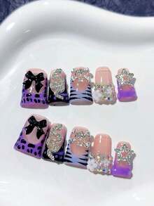 10片Y2K鸭嘴手工美甲贴片，紫黑渐变，3D银色蛇头骷髅头配黑色蝴蝶结，奢华钻石朋克风假指甲套装；美甲用品，自制美甲，DIY按压式美甲，美甲艺术，亚克力假指甲；适合派对、日常佩戴、婚礼；送给女性和女孩的绝佳礼物；包含1片果冻胶和1个迷你指甲锉。 - 紫色 - 查看 2