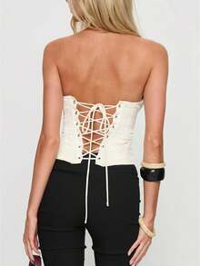 Women's Strapless Sweetheart Neck Corset Tops Solid Color Hook And Eye Closure Front Bandeau Tube Tops - Ivory White - View 1
