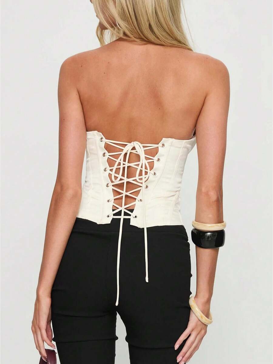 Women's Strapless Sweetheart Neck Corset Tops Solid Color Hook And Eye Closure Front Bandeau Tube Tops - Ivory White - View 1