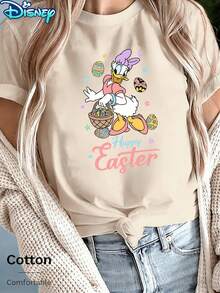 Disney Women's Minnie Mouse "Happy Easter" Bunny Outfit & Egg Basket Short-Sleeved T-Shirt - Easter Egg & Typography Theme Round-Neck Top, Soft Cotton Breathable Fabric, Summer Casual Style, Suitable For Easter Celebrations - Nude - Voir 1