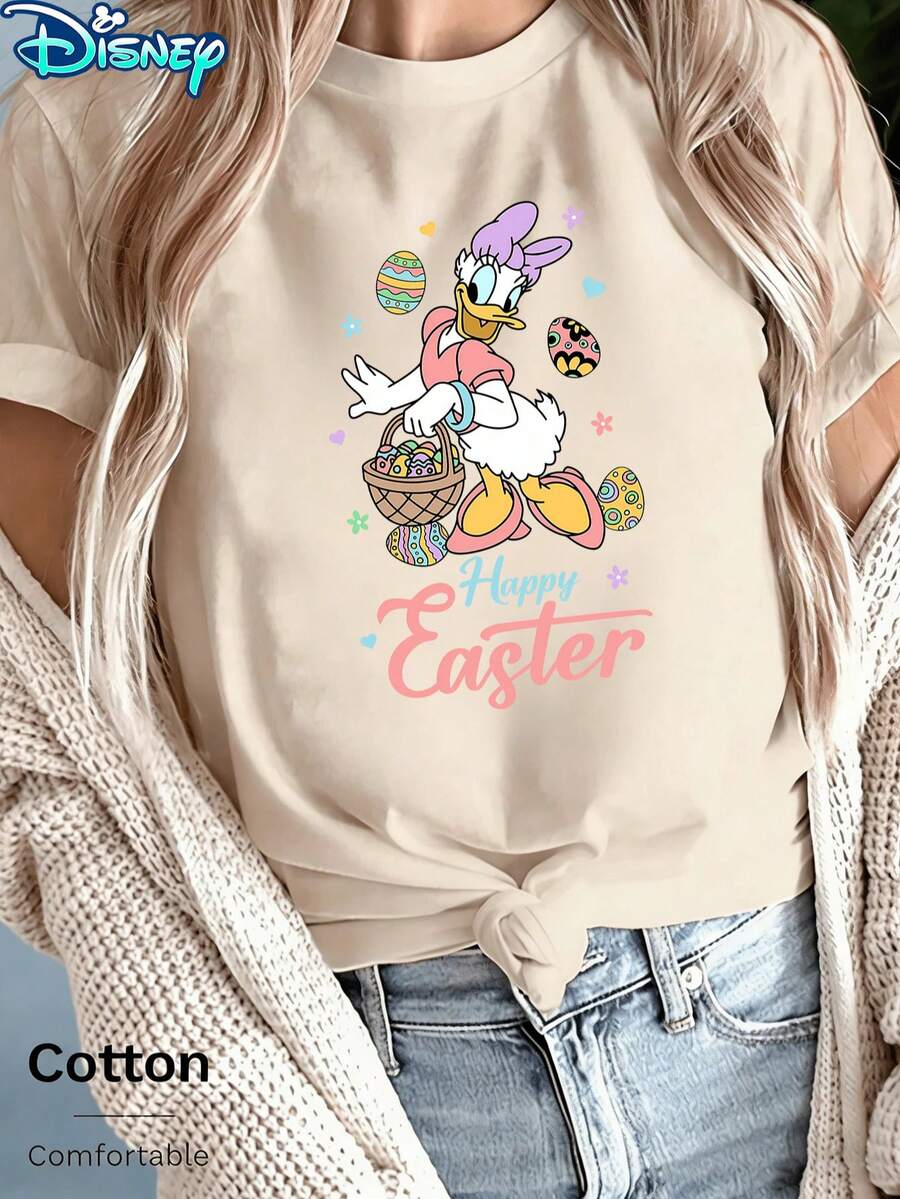Disney Women's Minnie Mouse "Happy Easter" Bunny Outfit & Egg Basket Short-Sleeved T-Shirt - Easter Egg & Typography Theme Round-Neck Top, Soft Cotton Breathable Fabric, Summer Casual Style, Suitable For Easter Celebrations - Nude - Voir 1