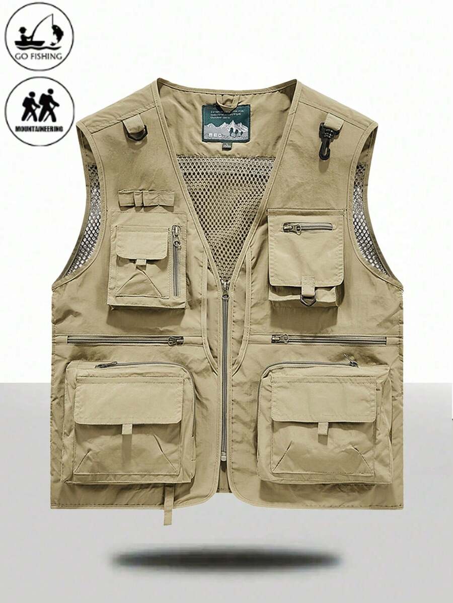 Men's Lightweight Fishing Vest, Casual Fashionable Mesh Multi-Pocket Utility Vest For Summer - Khaki - View 1