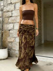 Women's Bohemian Style Floral Print High Waist Pleated Flowing Maxi Dress, Summer Beach Holiday Skirt - Coffee Brown - View 2