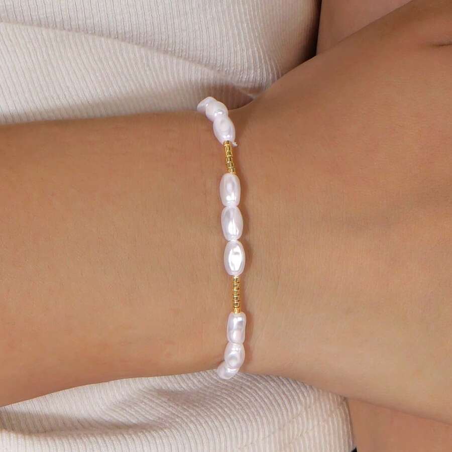 1条时尚简约米珠间隔仿珍珠手链，仿珍珠串珠手链，米珠弹力手链，送给女朋友的礼物，生日礼物，闺蜜礼物，周年纪念礼物