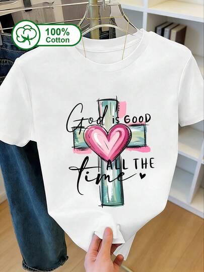 Easter Women's Everyday Wear: 100% Cotton Short-Sleeve T-Shirt With Hand-Painted Cross, Heart And Letter Print. Suitable For Outdoor Wear, Summer Clothing, And Women's Graphic Print.