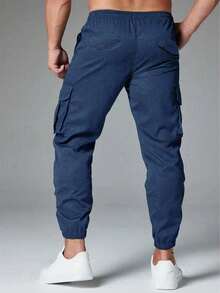 Men's Lightweight Casual Cargo Pants, Fashionable Outdoor Drawstring Ankle Pants, Spring/Autumn Sports - Blue - View 2