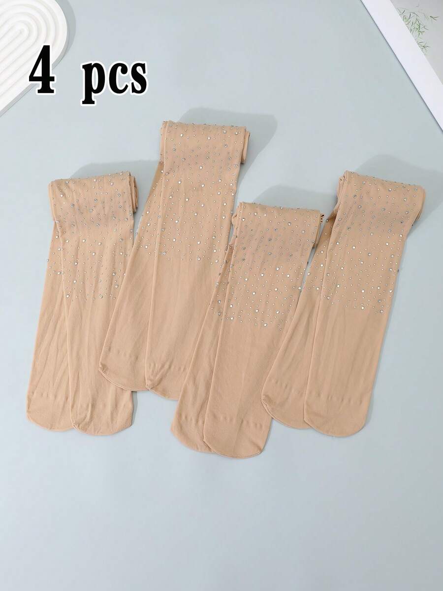 4 pares de medias con brillos y rhinestones nude para niñas, medias de baile
