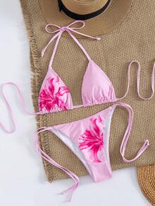 新款欧美女士性感时尚印花上衣，三角领设计，三角裤套装，夏季四件套度假粉色沙滩装 - 粉色 - 查看 6