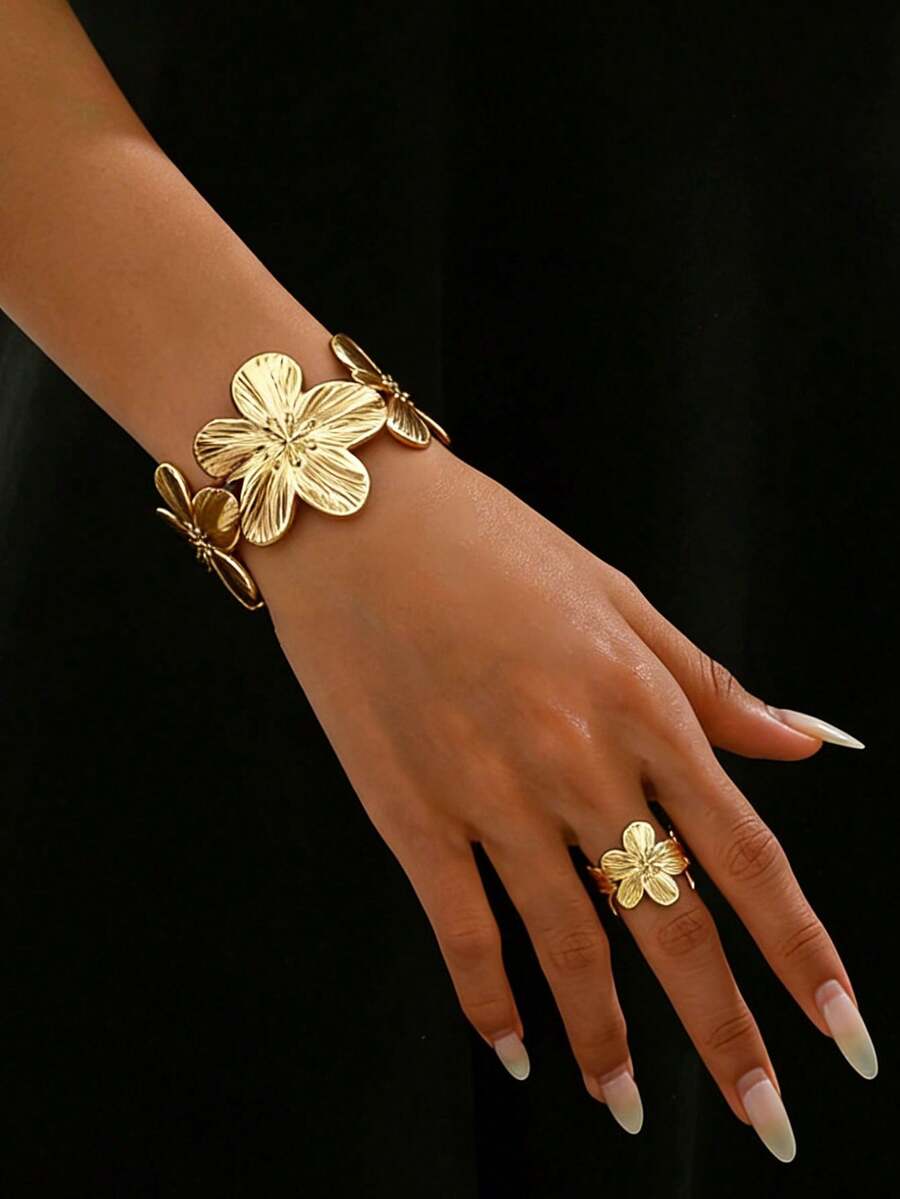 2pcs Fashionable Chic Golden Flower Bracelet & Ring Set, Jewelry Suit For Women, Suitable For Party, Gathering, Daily Commute, Dating - Yellow Gold - View 1