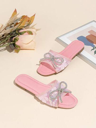 Girls' Elegant Fashion Cute Breathable Mesh Embroidered Sequin Flower Rhinestone Bow Soft Non-Slip Flat Slippers, Suitable For Indoor Outdoor Party All Seasons