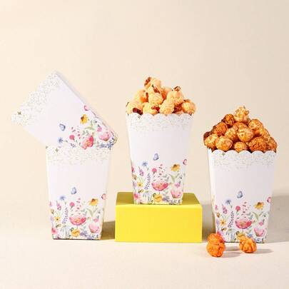 10/20/50pcs,White Flower Background Happy Birthday Food Boxes, Wildflower Theme Party French Fries Boxes, Popcorn Cups, Popcorn Buckets And Snack Boxes For Tea Party,Birthday Party Decorations,Home Movie Night, Suitable For Lunch Box, Bakery Bread, Burger Restaurants