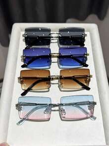 4pcs Men Rimless Square Glasses Casual Style Classic Modern Simple Style Fashion Glasses For Vacation Outfits Street-Photography Shopping Bar Accessories - 4pcs 灰藍粉茶組合 - 查看 7