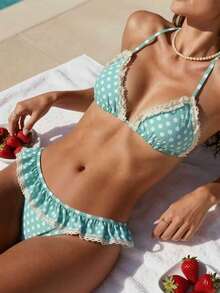 Bộ bikini ren chấm bi màu xanh bạc hà, kiểu dáng tankini năng động và ngọt ngào với viền bèo nhún, lý tưởng cho kỳ nghỉ hè trên bãi biển. - Nhiều màu - Xem 2