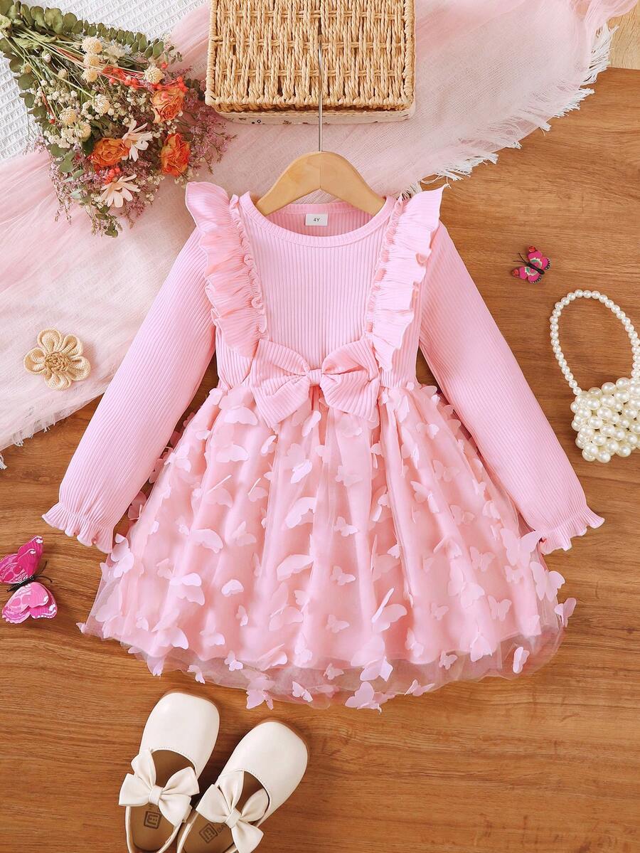 Vestido de malla con parches de mariposa para niñas en primavera/otoño, vestido casual de princesa con cuello redondo, manga larga, decoración de moño y empalme de malla, adecuado para niñas de 4 a 7 años para uso diario, al aire libre, calle y fiestas - Rosa - Ver 1
