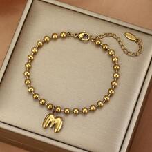 26 piezas Pulsera con dijes de letras iniciales, pulsera de acero inoxidable con cuentas doradas con letras de burbuja, adecuada para uso diario de mujeres, la caja de regalo es solo para fines de fotografía - Dorado - View 20