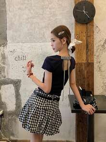 蝴蝶结肩带常规肩部短袖T恤，镂空性感修身露脐女式上衣，夏季 - 藏蓝色 - 查看 5