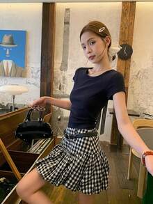 蝴蝶结肩带常规肩部短袖T恤，镂空性感修身露脐女式上衣，夏季 - 藏蓝色 - 查看 6