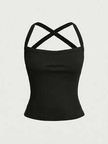 Áo tank top thể thao năng động, màu trơn, hở lưng, dây chéo, gợi cảm, thích hợp mặc thường ngày cho nữ, màu đen mùa hè. - màu đen - Xem 5
