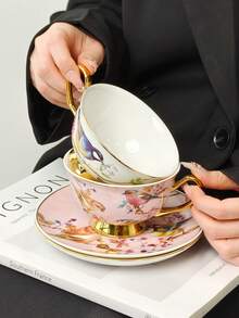 一套骨瓷金彩花鸟图案陶瓷咖啡杯碟，美式拿铁杯碟，家用水杯，下午茶咖啡杯，节日礼物，生日祝福，派对用品 - 彩色 - 查看 7