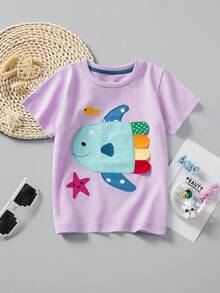 年輕女孩休閒短袖T恤，卡通小魚刺繡，透氣時尚，夏季系列 - 粉色 - 查看 1