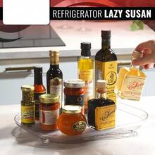 360°旋转冰箱收纳托盘 - 透明塑料转盘，适用于厨房、橱柜和桌面收纳，35厘米长方形设计，抛光表面，非常适合存放调味品、罐子和瓶子，冰箱收纳神器 - 彩色 - 查看 5