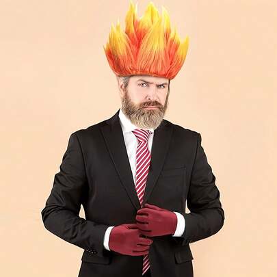 Short Spiky Layered Straight Anger Fire Wig For Men & Women - Flame Wig & Red Gloves & Red-Gold Striped Necktie Available - Two Tone Orange-To-Yellow Ombre Synthetic Costume Party Cosplay Wig For Holiday, Sports Events, Comic Con, Exhibition And Anime Themed Events