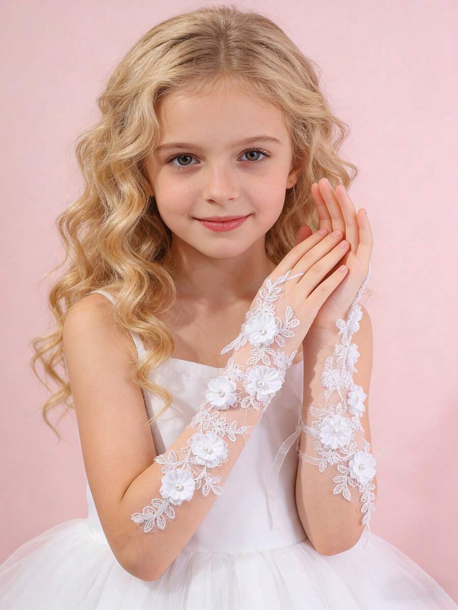 Long Lace Flower Decor Gloves, Suitable For Weddings And Celebrations. Fingerless Design Makes Hands Look More . Beautiful Dreamy Forest-Themed Stage Performance Costume - 彩色 - 查看 1