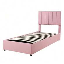 Upholstered Children's Bed 90x200 Cm, Hydraulic Storage Bed, Soft Linen Loft Bed, Pink - Rose Red - View 5