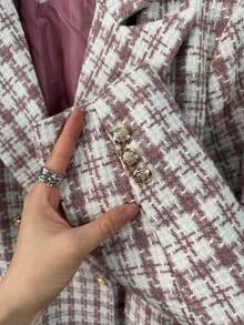 Women's Checkered Tweed Blazer, Casual Elegant Checkered Pattern With Buttons On The Front. - 淺粉色 - 查看 4