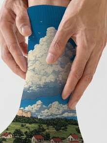 1双360男士袜子——趣味十足的印花图案，包含建筑、蓝天白云和汽车，柔软舒适，弹性极佳。这款时尚休闲的街头嘻哈风360袜子，非常适合作为压缩袜、情人节礼物或宽松的孕妇袜。 - 彩色 - 查看 3