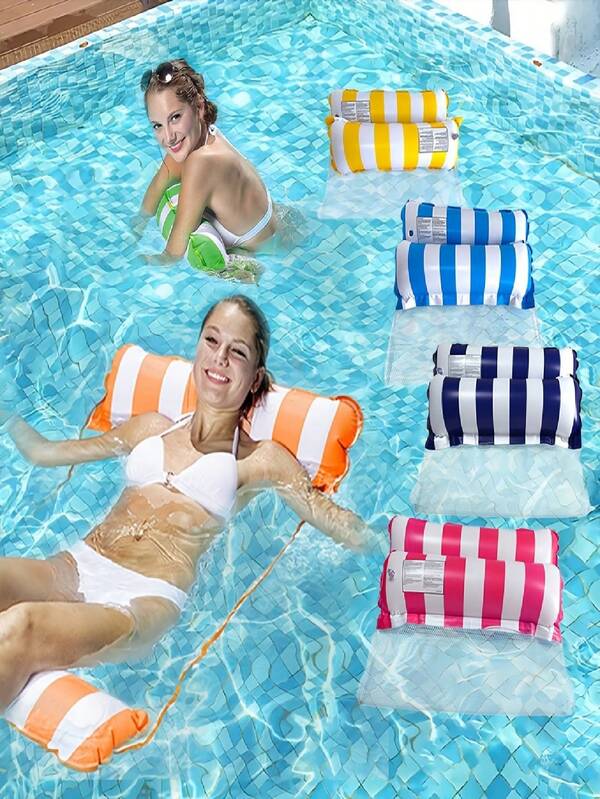 2pcs Striped Inflatable Floating Bed, Made Of Durable PVC Material, Dual-Tube Design Foldable, Suitable For Outdoor Beach And Swimming Pool Activities, Water Leisure Lounge Chair, Pool Inflatable, Beach Essentials, Pool Float