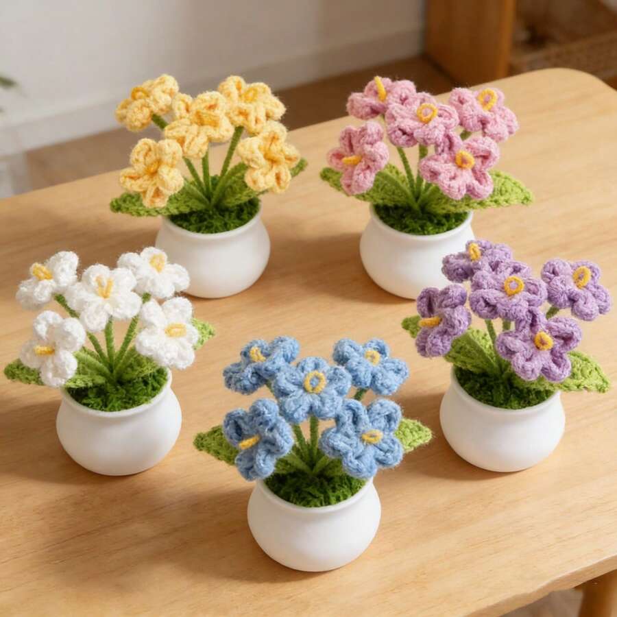 1pc Handmade Knitted Forget-Me-Not Flower Potted Plant, Beautiful Handcrafted Floral Decor, Home Decoration, Creative Gift, Suitable For Mother, Girlfriend - Multicolor - View 1