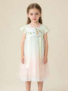 Balabala 2026 Summer Tween Girl Butterfly Embroidered Hanfu Cheongsam Dress - Green and Red Tones - View 7