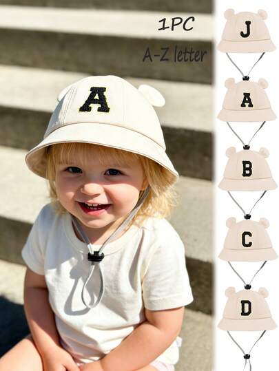 1pc Kids Adjustable Breathable Hat 26 Letter Personalized Beach Sun Protection Hats Bucket Hats For Toddler Kids Baby Girls,Suitable For Holiday Outdoor Activities,Everyday Use, Birthday Gift