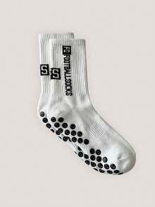 Driftmere 1 par de calcetines de fútbol de compresión con agarre antideslizante con puntos, calcetines deportivos profesionales transpirables, forro de rizo grueso, unisex, otoño - Blanco - Ver 1