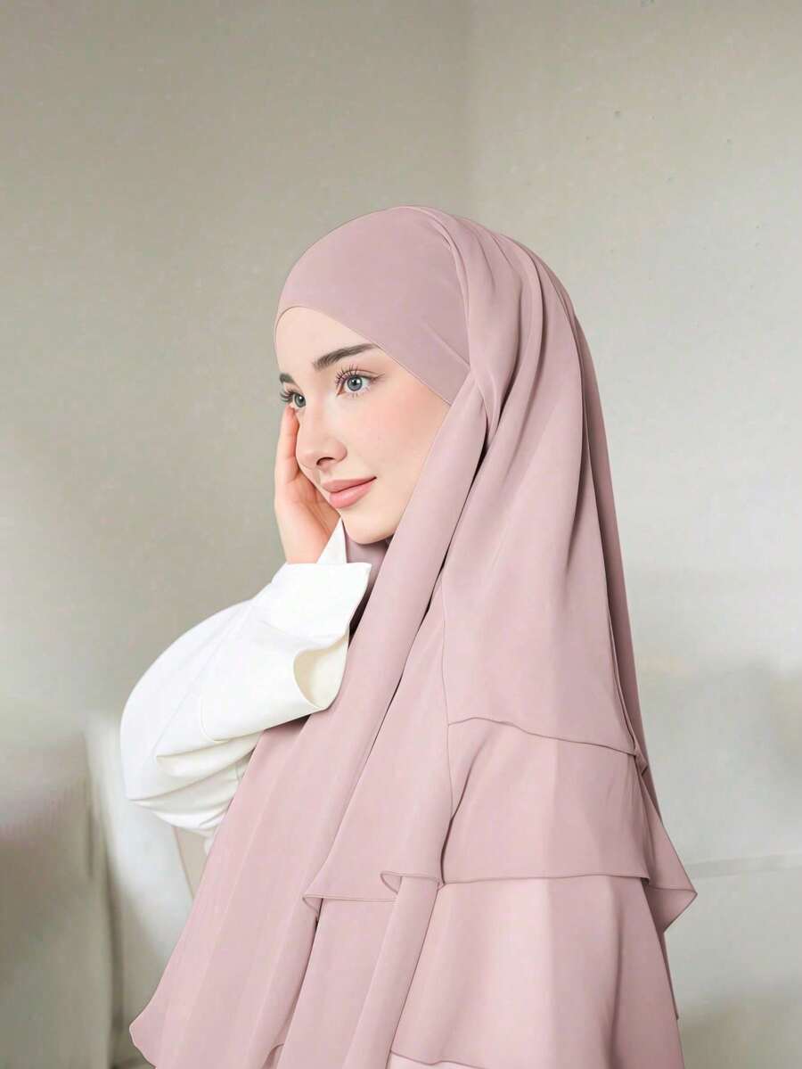 1pc Modest Flowy Chiffon Khimar | Smooth And Lightweight Chiffon, Flattering Face Coverage, Full Coverage, Comfortable Wear, Elegant For Daily, Outings And Worship,Beach,Holiday - Baby Pink - View 1