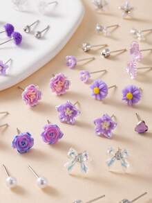 30pcs/Set Delicate Metal Tree, Shell, Pearl, Heart Shaped Earrings Gift Set For Women - Multicolor - View 3