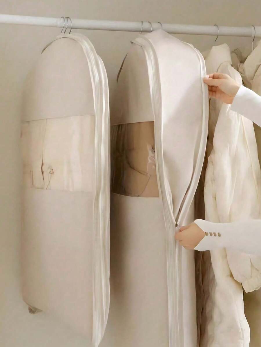 1pc Compressed Dust-Proof Garment Bag With Transparent Window - Space Saving Self-Compression Zipper Hanging Wardrobe Storage Bag