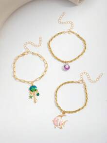 3pcs/Set Ocean Style Shell, Starfish, Fish Faux Pearl Pendant Bracelets, Summer Beach Party Jewelry For Women - Multicolor - View 5