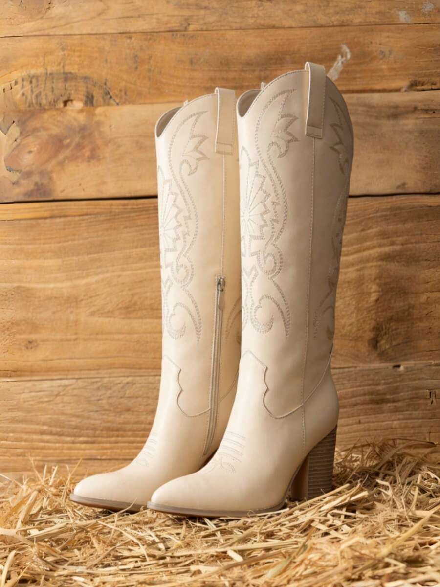 Knee High Cowboy Boots For Women Pointed Toe Chunky High Heels Pull-On Embroidered Boots Western Boots Wide Calf Cowgirl Boots - Màu be - Xem 1