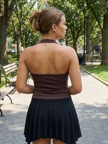 Women Tank Tops Halter Neck Sleeveless Contrast Color Fake Two-Piece Summer Slim Fit Vest - Brown - View 2