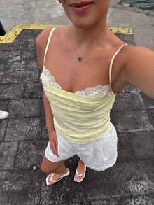 Vuslat 女士夏季休闲性感露背蕾丝拼接吊带背心，适合海滩度假、郊游、夏季假日装扮、下午茶聚会 - 黃色 - 查看 9