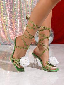玫瑰花高跟凉鞋，女士优雅系带鞋，春夏新款白色花藤交织绿叶包裹，方头水晶鞋跟设计，性感派对仙女森林装扮，适合派对、婚礼、晚宴、约会等场合，时尚透气舒适，户外穿着 - 綠色 - 查看 6