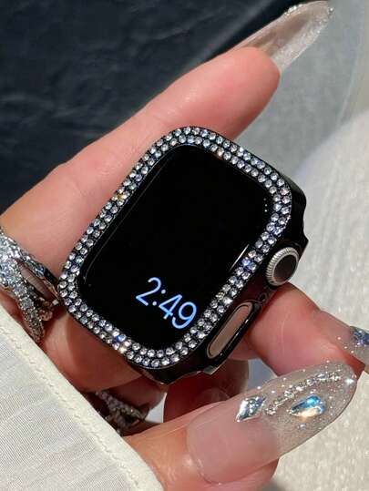 Double Bling Cover Crystal Rhinestone Bumper Protective Case, 1Pc Hard PC Ultra Hollow Out Watch Case, For Apple Watch 40/41/42/44/45/46/49mm, For Apple Watch Series Ultra/SE/11/10/9/8/7/6/5/4, Intelligent Watch Case Accessories, Black