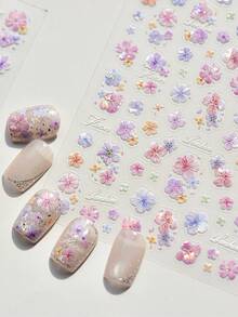 1片春夏马卡龙花卉美甲贴纸，美甲师必备，3D立体浮雕工艺，清新贝壳状花卉美甲装饰设计，自粘式美甲贴纸，DIY美甲贴花，女士美甲配饰礼品，春日氛围美甲装饰贴纸 - 彩色 - 查看 6