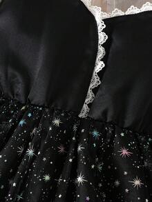 1pc Girls Casual Solid Color Soft Comfortable Woven Fabric With Ruffle Splice Star & Polka Dot Pattern Mesh Bubble Short Sleeve Mid-Length Dress, Suitable For Outdoor Wear, Spring/Summer - Black - View 5