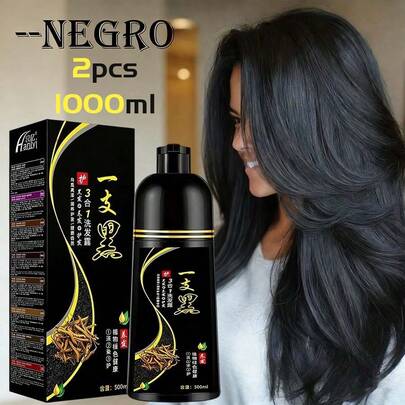 500ml-Champú de tinte para el cabello negro 3 en 1-100% de cobertura gris instantánea - componente herbáceo masculino y femenino, listo para usar en minutos