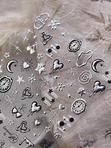 1张朋克风3D立体浮雕美甲贴纸 - 星空与爱心图案，包含星星、月亮、爱心 - 自粘聚氨酯贴纸，适合DIY美甲 - 銀色 - 查看 1