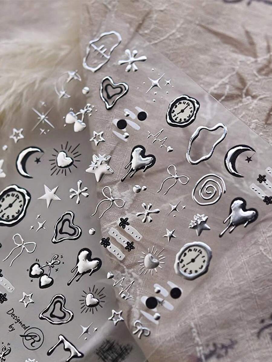 1张朋克风3D立体浮雕美甲贴纸 - 星空与爱心图案，包含星星、月亮、爱心 - 自粘聚氨酯贴纸，适合DIY美甲 - 銀色 - 查看 1