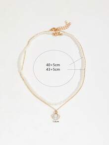 2pcs Ocean Style Enamel Scallop & Pearl Pendant Necklace, Faux Pearl Beaded Chain Double Layer Necklace For Women - Gold - View 6